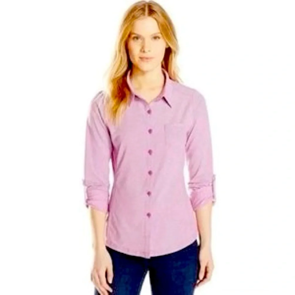 Prana Kinley in Vivid Viola Pinstripe Outdoor Shirt Top Long Sleeve Stretch Sz M - Picture 1 of 14